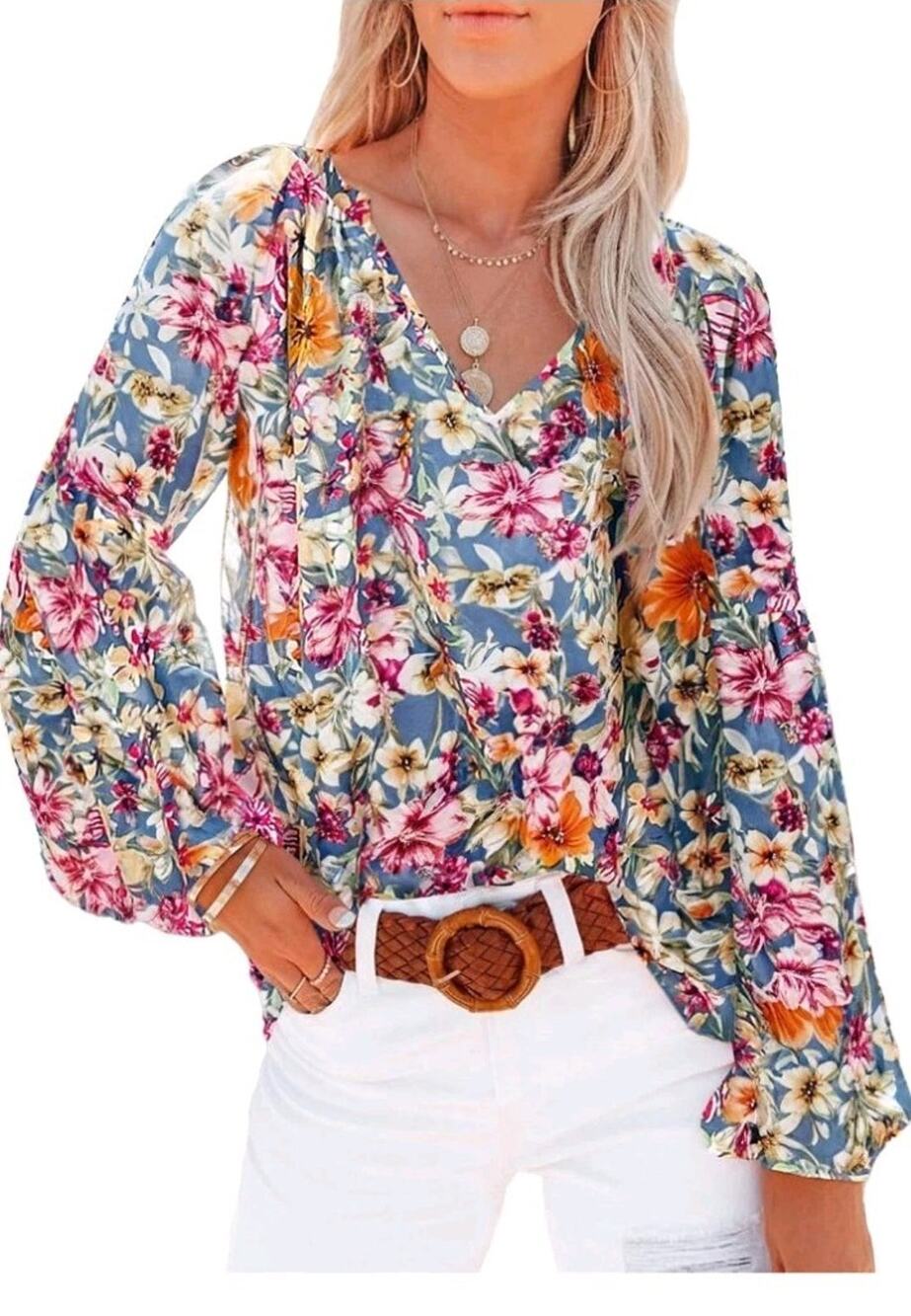 NWOT SHEWIN Womens Casual Boho Floral V Neck Long Sleeve Loose Blouse Size L